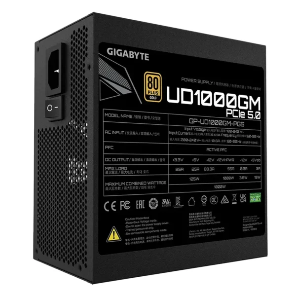 Fuente de alimentación modular Gigabyte UD1000GM PG5 1000W 80 PLUS Gold, Preparada para PCIe 5.0