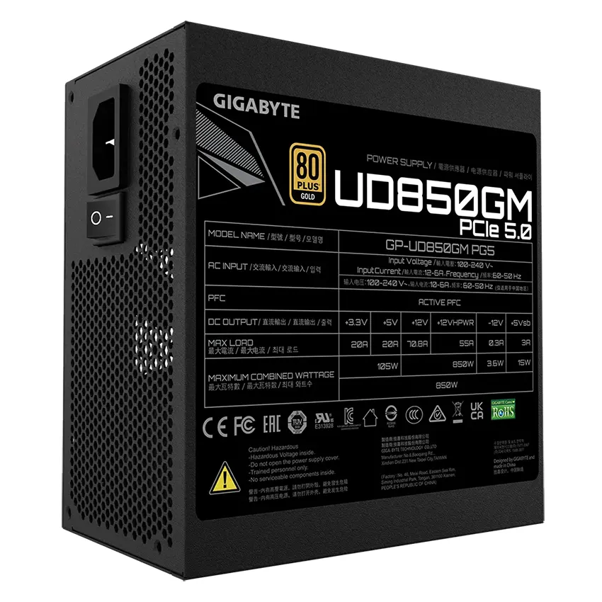 Fuente de alimentación modular Gigabyte UD850GM PG5 850W 80 PLUS Gold, Preparada para PCIe 5.0