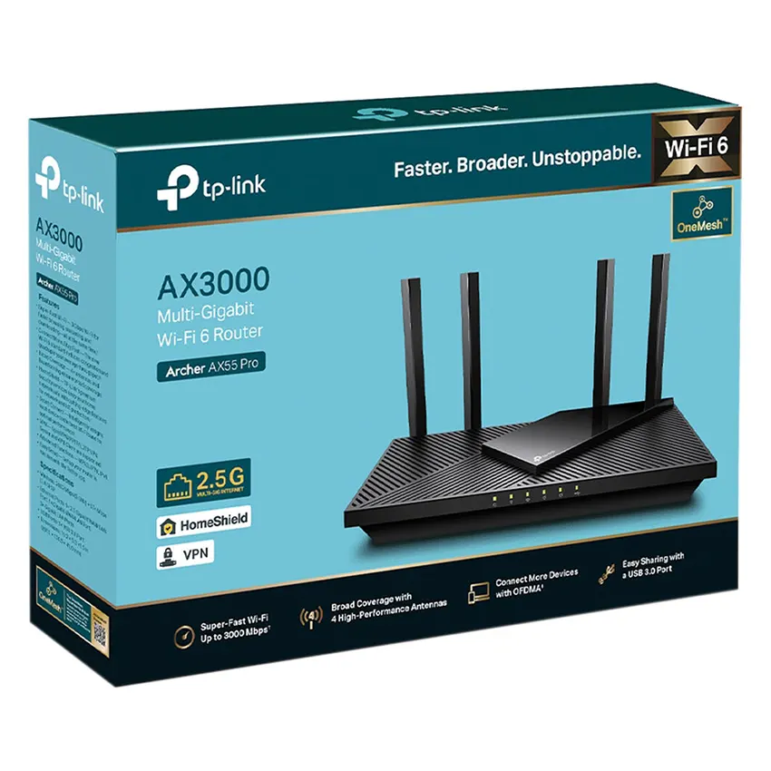 Router Wi-Fi TP-Link Archer AX55 Pro, AX3000, Doble WAN 1Gbps / 2.5Gbps, Doble banda, Negro