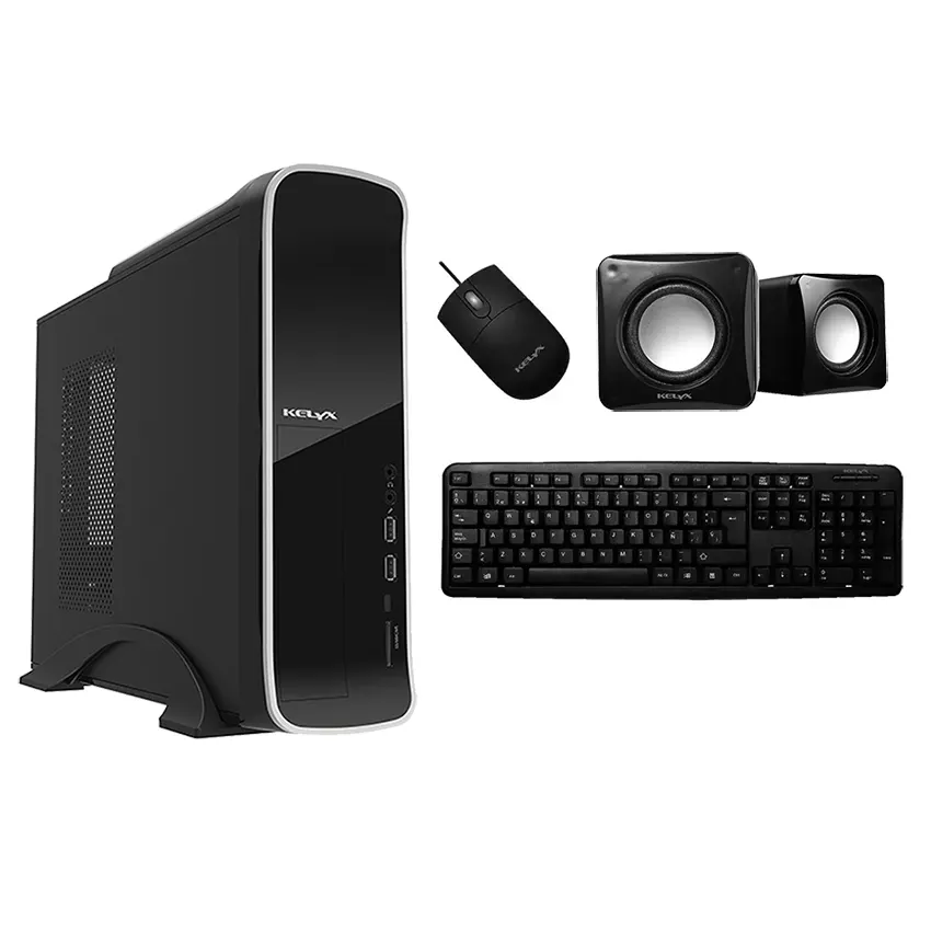Gabinete Kit Kelyx LC727-08A Slim, Micro ATX, Con Fuente 500W, Teclado USB, Mouse USB y Parlantes, Negro