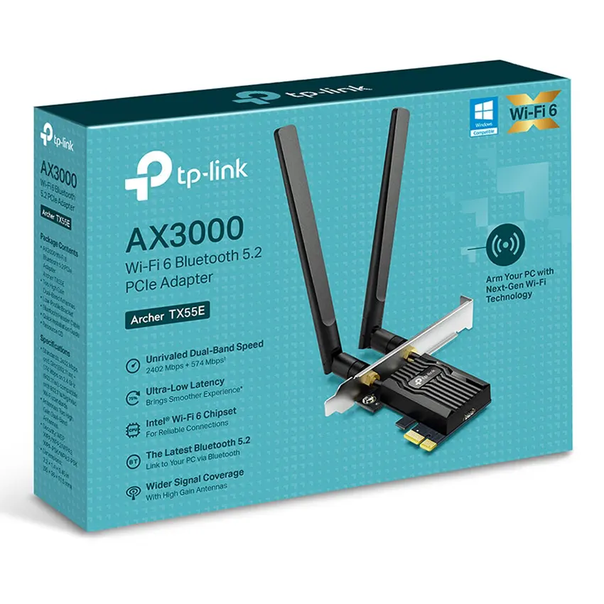 Adaptador PCI Express Wi-Fi 6 y Bluetooth 5.2 TP-Link TX55E, AX3000, Doble Banda