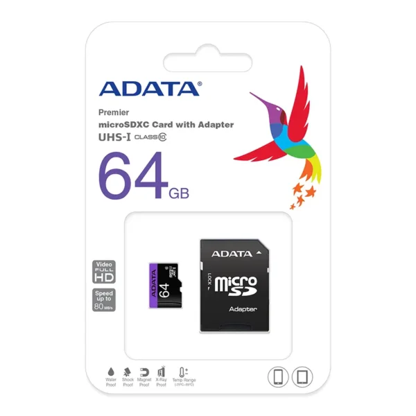 Tarjeta de Memoria ADATA Premier microSDXC/SDHC 64GB, U1, Clase 10, Adaptador