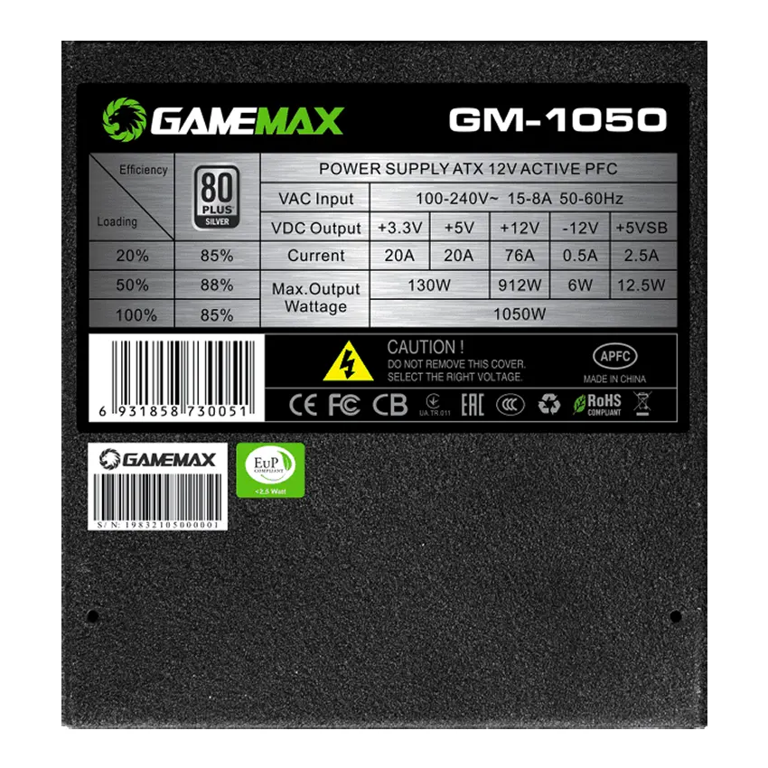 Fuente de alimentación semi modular GameMax GM-1050, 1050W, 80 PLUS Silver Fuente de alimentación semi modular GameMax GM-1050, 1050W, 80 PLUS Silver