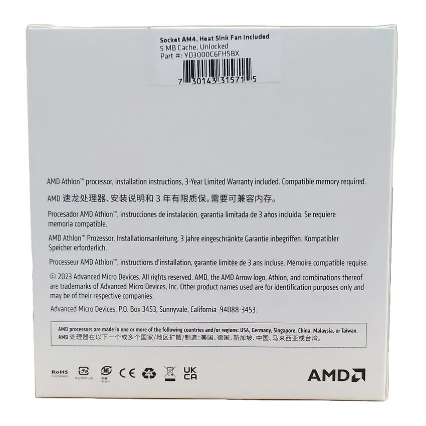 Procesador AMD Athlon 3000G, 3.5GHz, 2 Núcleos, 1MB L2, 4MB L3, Radeon Vega 3, Socket AM4, BOX