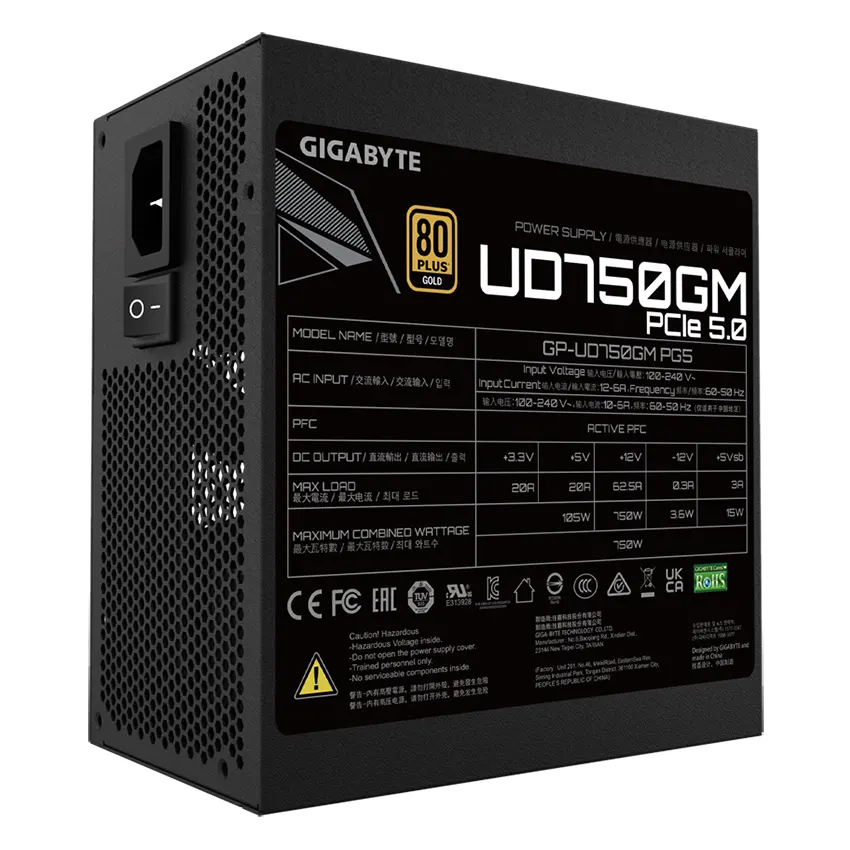 Fuente de alimentación modular Gigabyte UD750GM PG5 750W 80 PLUS Gold, Preparada para PCIe 5.0 Fuente de alimentación modular Gigabyte UD750GM PG5 750W 80 PLUS Gold, Preparada para PCIe 5.0