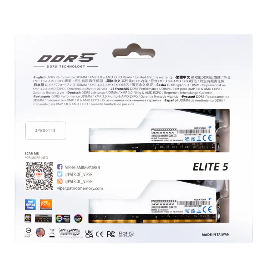 Memoria Patriot Viper Elite 5 RGB, DDR5, UDIMM, Kit de 2