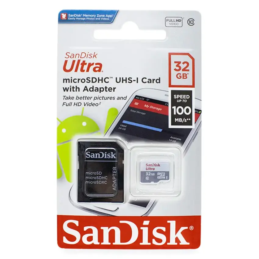 Tarjeta de Memoria microSDHC SanDisk Ultra 32GB, UHS-I, U1, Clase 10, Adaptador Tarjeta de Memoria microSDHC SanDisk Ultra 32GB, UHS-I, U1, Clase 10, Adaptador