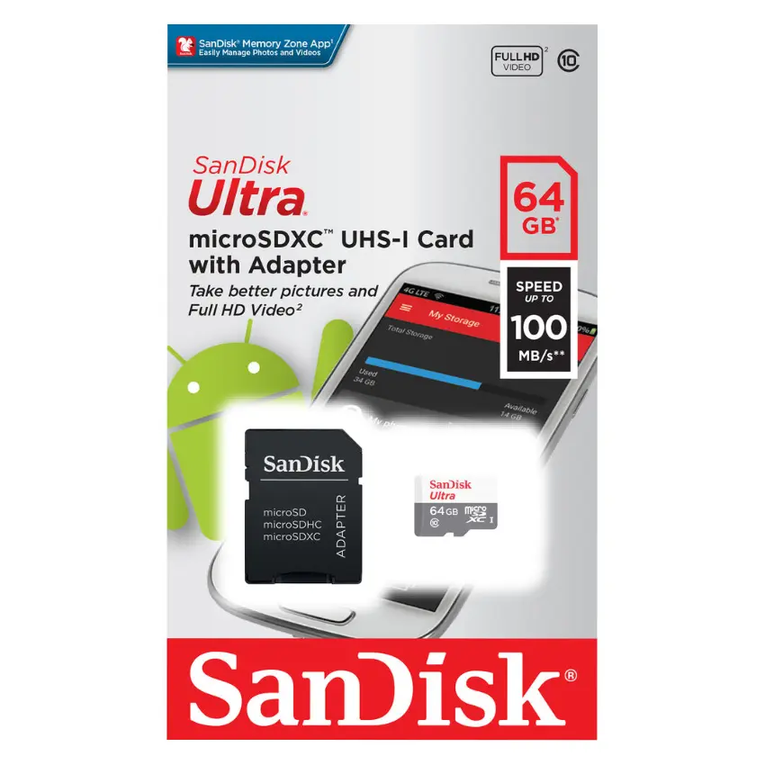 Tarjeta de Memoria microSDXC SanDisk Ultra 64GB, UHS-I, U1, Clase 10, Adaptador Tarjeta de Memoria microSDXC SanDisk Ultra 64GB, UHS-I, U1, Clase 10, Adaptador