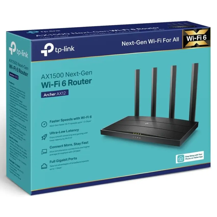 Router Wi-Fi TP-Link Archer AX12, AX1500, Doble banda, Negro