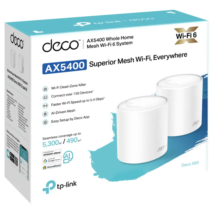 Sistema Wi-Fi Mesh TP-Link Deco X60, Gigabit, AX5400, Doble Banda, Pack de 2 Sistema Wi-Fi Mesh TP-Link Deco X60, Gigabit, AX5400, Doble Banda, Pack de 2