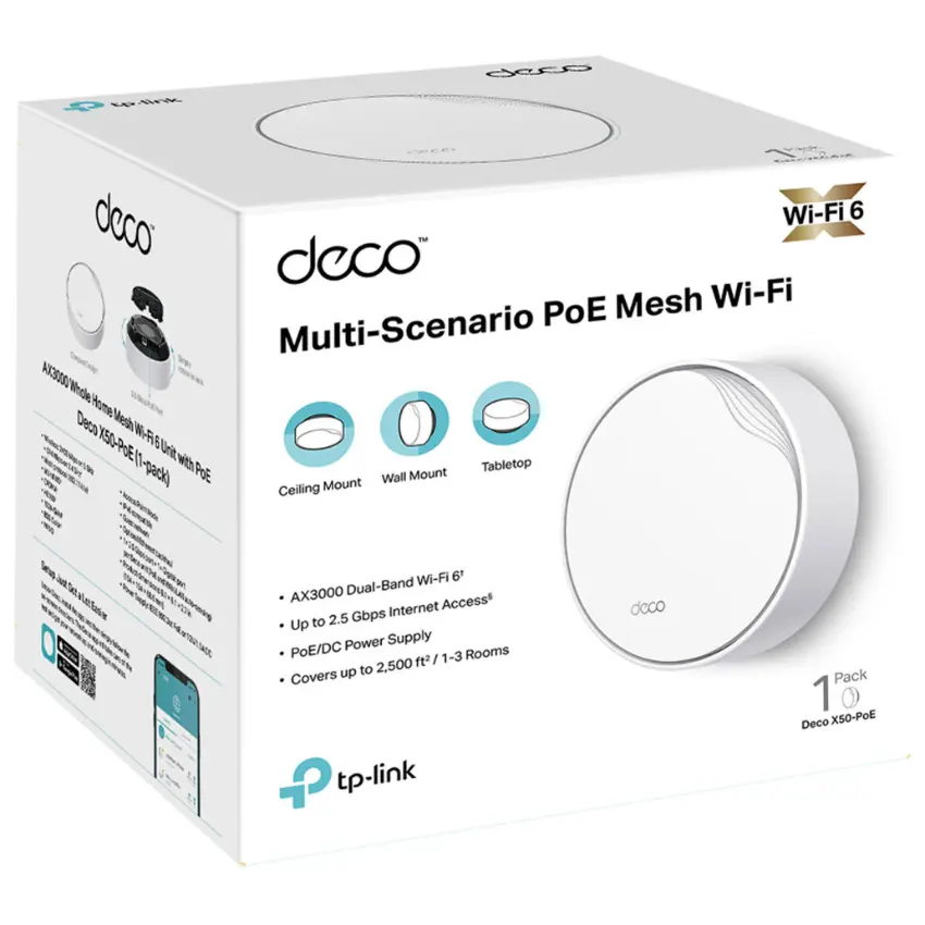 Sistema Wi-Fi Mesh TP-Link Deco X50-PoE, 2.5 Gbps/Gigabit, AX3000, Doble Banda, Pack de 1