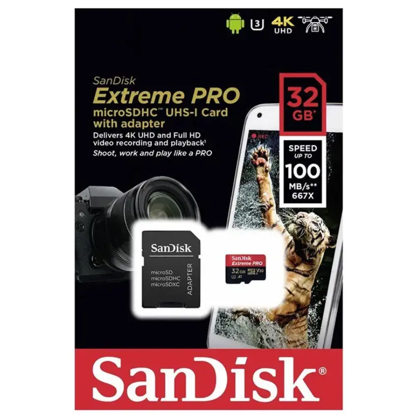 Tarjeta de Memoria microSDHC SanDisk Extreme PRO 32GB, UHS-I, U3, V30, A1, Clase 10, Adaptador