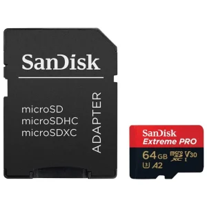 Tarjeta de Memoria microSDXC SanDisk Extreme PRO 64GB, UHS-I, U3, V30, A2, Clase 10, Adaptador