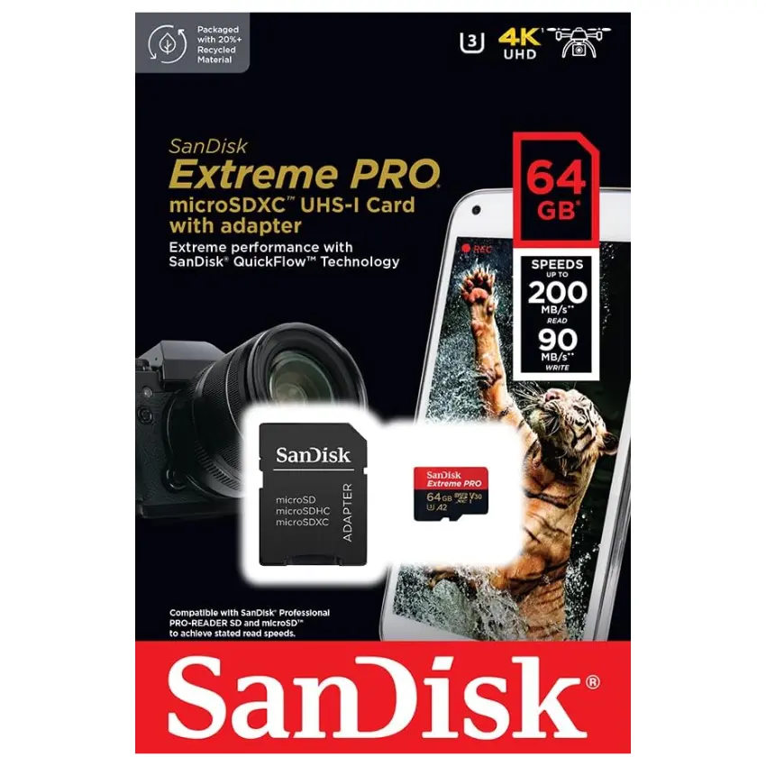 Tarjeta de Memoria microSDXC SanDisk Extreme PRO 64GB, UHS-I, U3, V30, A2, Clase 10, Adaptador Tarjeta de Memoria microSDXC SanDisk Extreme PRO 64GB, UHS-I, U3, V30, A2, Clase 10, Adaptador