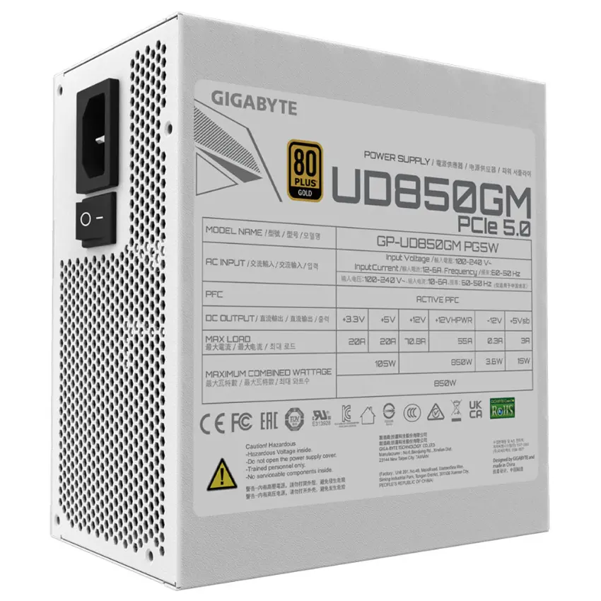 Fuente de alimentación modular Gigabyte UD850GM PG5W 850W 80 PLUS Gold, Preparada para PCIe 5.0 Fuente de alimentación modular Gigabyte UD850GM PG5W 850W 80 PLUS Gold, Preparada para PCIe 5.0