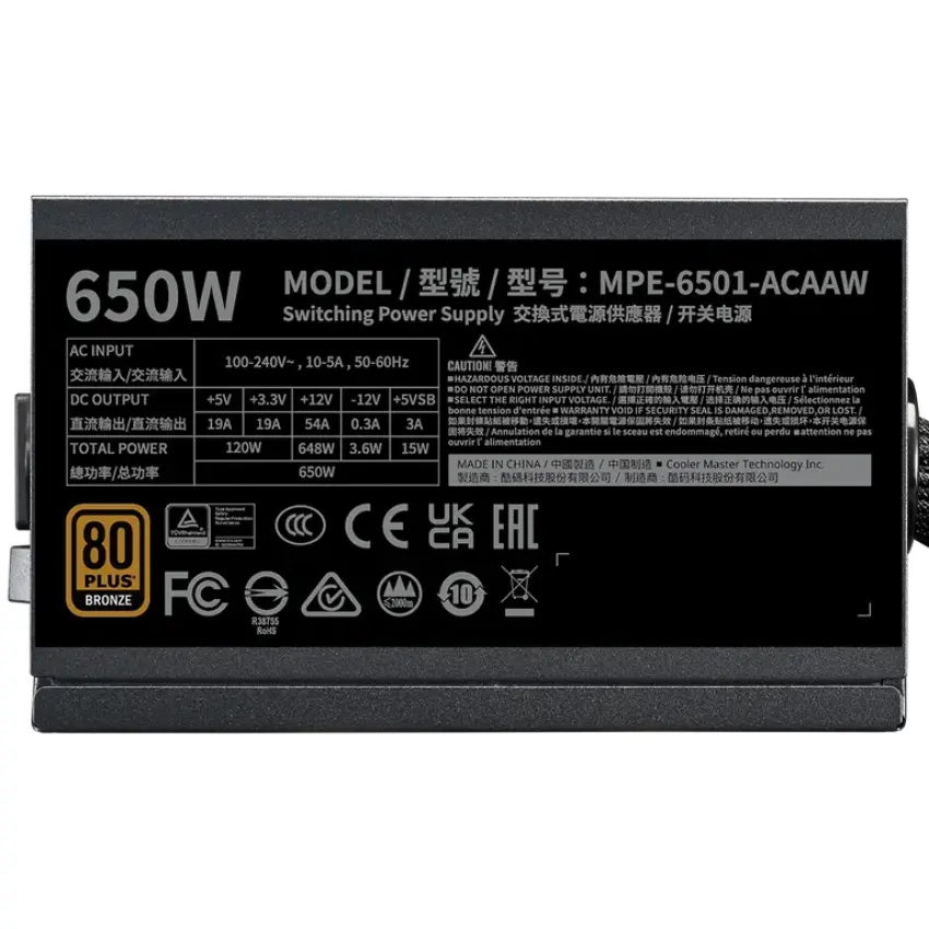 Fuente de alimentación Cooler Master MWE 650 Bronze V3, 650W 80 PLUS Fuente de alimentación Cooler Master MWE 650 Bronze V3, 650W 80 PLUS