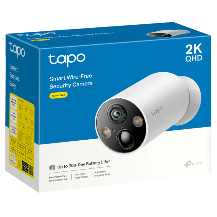 Cámara de Seguridad Wi-Fi TP-Link Tapo C425, 2K QHD, 4 MP, Visión nocturna color, Alimentada por batería, Exterior Cámara de Seguridad Wi-Fi TP-Link Tapo C425, 2K QHD, 4 MP, Visión nocturna color, Alimentada por batería, Exterior