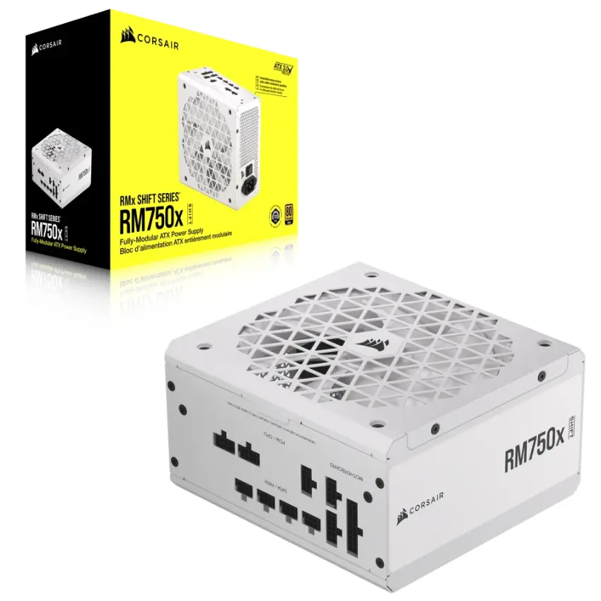Fuente de alimentación modular Corsair RM750x SHIFT, 750W, 80 PLUS Gold, Blanco, Interfaz de cableado lateral Fuente de alimentación modular Corsair RM750x SHIFT, 750W, 80 PLUS Gold, Blanco, Interfaz de cableado lateral