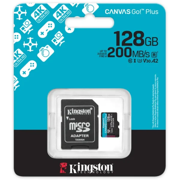 Tarjeta de Memoria microSDXC Kingston Canvas Go! Plus 128GB, UHS-I, U3, V30, A2, Clase 10, Adaptador