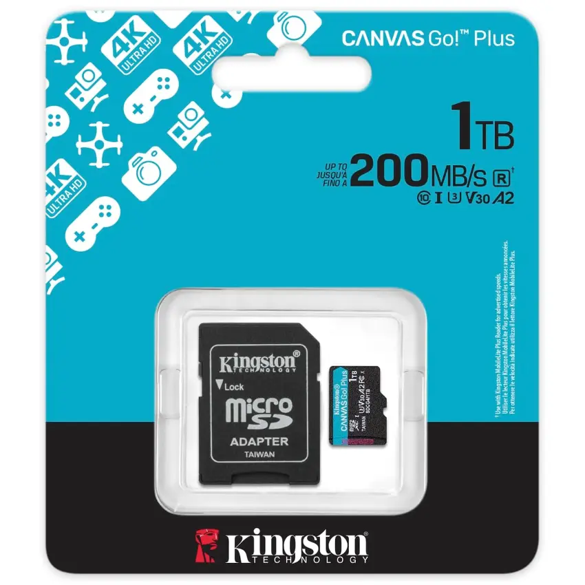 Tarjeta de Memoria microSDXC Kingston Canvas Go! Plus 1TB, UHS-I, U3, V30, A2, Clase 10, Adaptador Tarjeta de Memoria microSDXC Kingston Canvas Go! Plus 1TB, UHS-I, U3, V30, A2, Clase 10, Adaptador