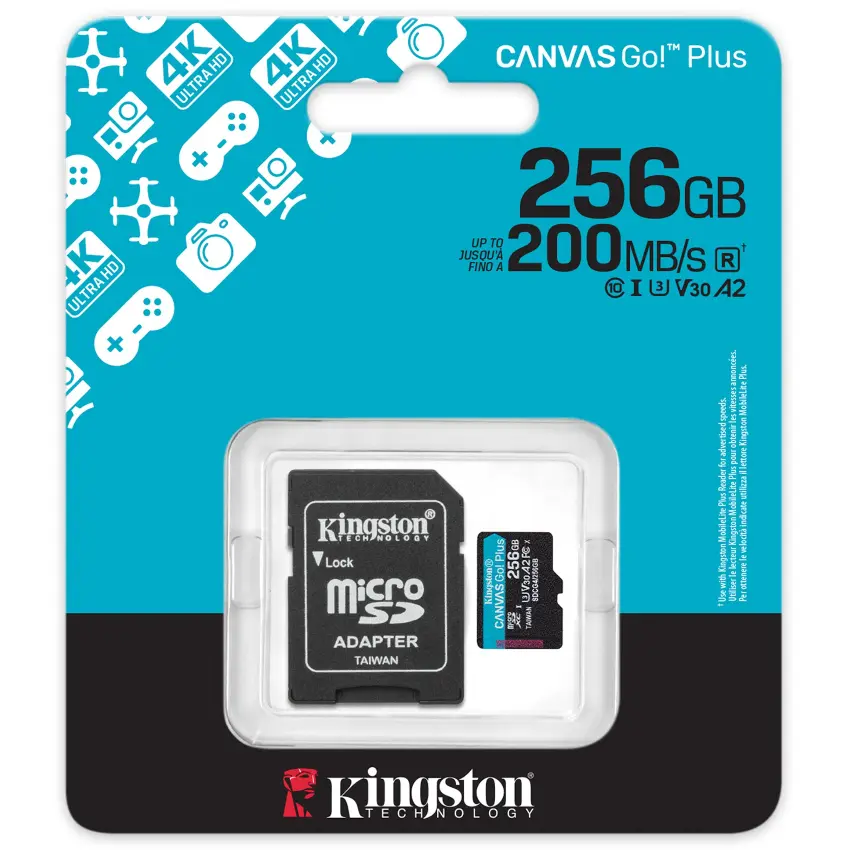 Tarjeta de Memoria microSDXC Kingston Canvas Go! Plus 256GB, UHS-I, U3, V30, A2, Clase 10, Adaptador Tarjeta de Memoria microSDXC Kingston Canvas Go! Plus 256GB, UHS-I, U3, V30, A2, Clase 10, Adaptador