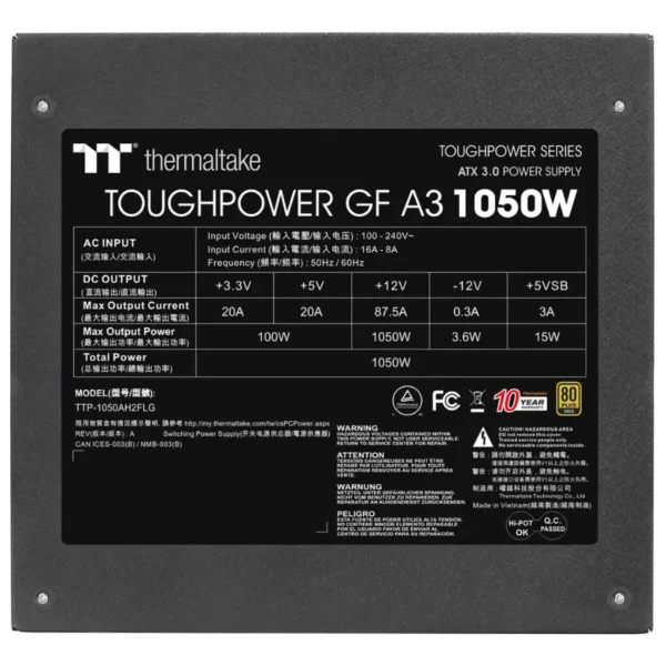 Fuente de alimentación modular Thermaltake Toughpower GF A3 1050W, 80 PLUS Gold