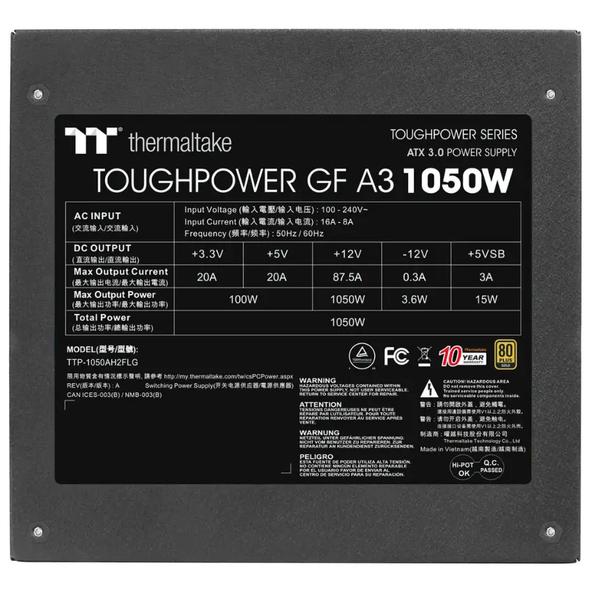 Fuente de alimentación modular Thermaltake Toughpower GF A3 1050W, 80 PLUS Gold Fuente de alimentación modular Thermaltake Toughpower GF A3 1050W, 80 PLUS Gold