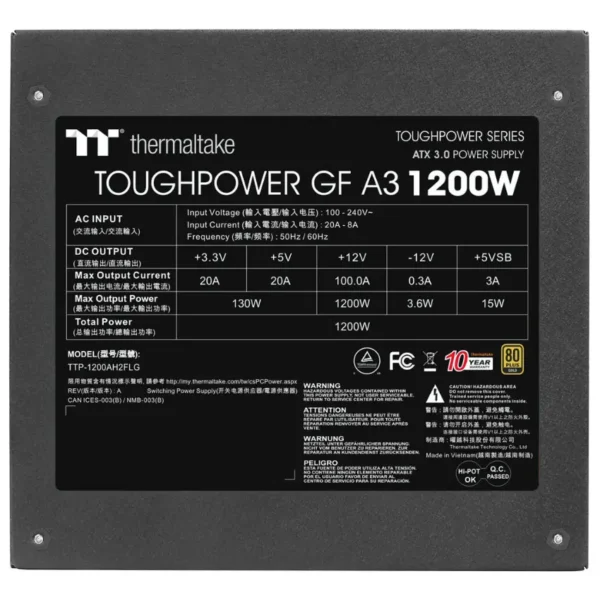 Fuente de alimentación modular Thermaltake Toughpower GF A3 1200W, 80 PLUS Gold