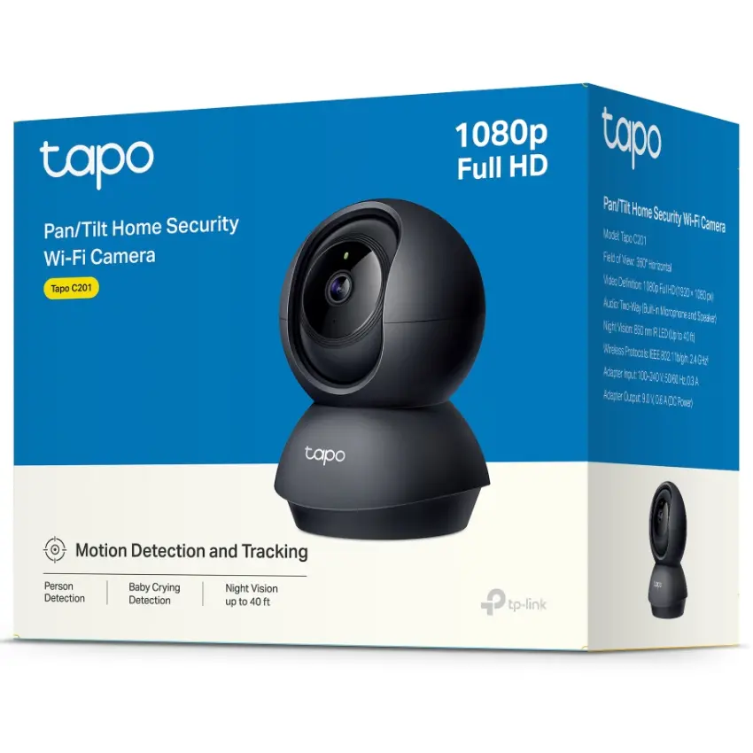 Cámara de Seguridad Wi-Fi TP-Link Tapo C201, 1080p, Pan / Tilt, Visión nocturna, IA, Detección de Llanto de Bebé, Interior