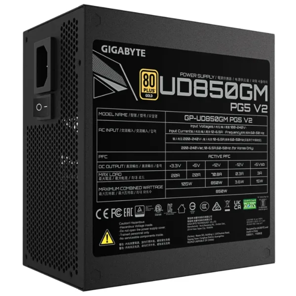 Fuente de alimentación modular Gigabyte UD850GM PG5 V2 850W 80 PLUS Gold, Preparada para PCIe 5.1