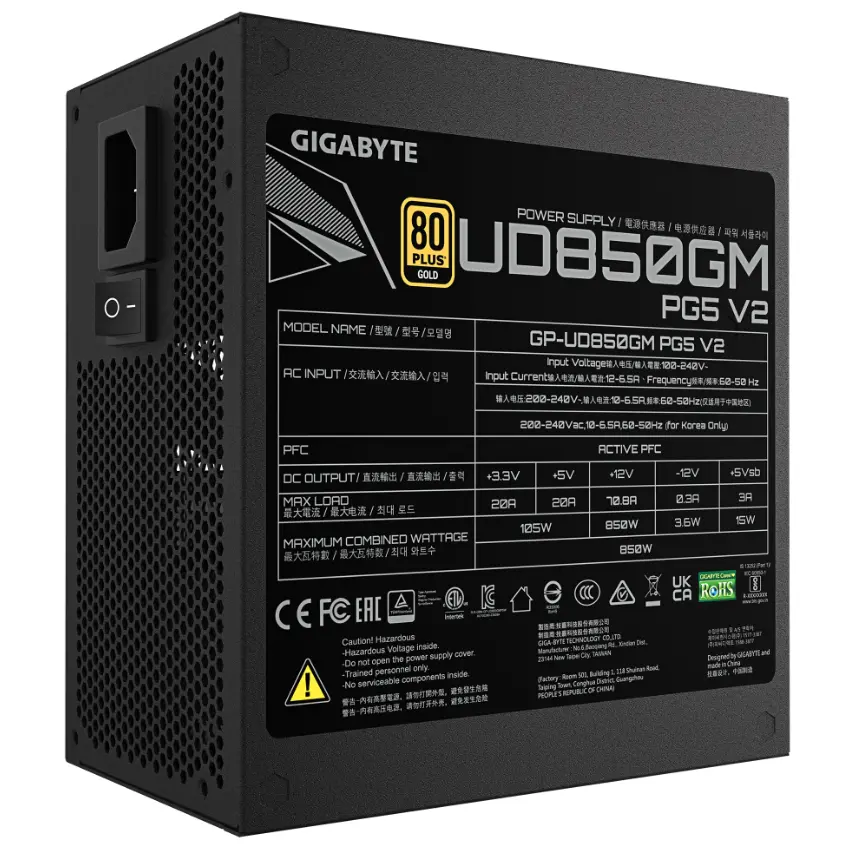 Fuente de alimentación modular Gigabyte UD850GM PG5 V2 850W 80 PLUS Gold, Preparada para PCIe 5.1 Fuente de alimentación modular Gigabyte UD850GM PG5 V2 850W 80 PLUS Gold, Preparada para PCIe 5.1