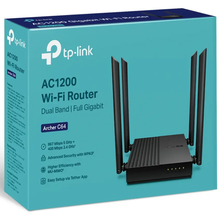 Router Wi-Fi TP-Link Archer C64, AC1200, Doble banda, Negro