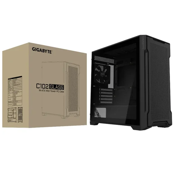 Gabinete Gigabyte C102 GLASS, Micro-ATX, Sin Fuente, Vidrio Templado, 2 Fan 12 cm, Negro