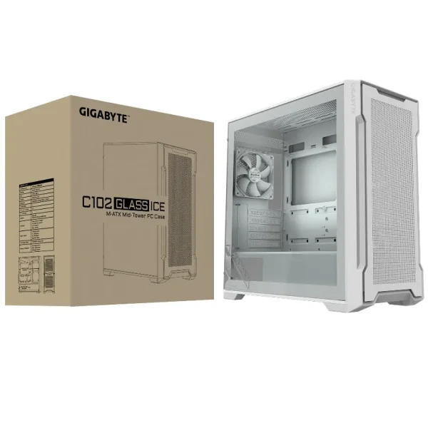 Gabinete Gigabyte C102 GLASS ICE, Micro-ATX, Sin Fuente, Vidrio Templado, 2 Fan 12 cm, Blanco