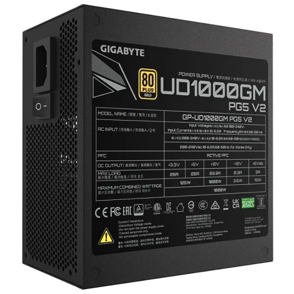 Fuente de alimentación modular Gigabyte UD1000GM PG5 V2 1000W 80 PLUS Gold, Preparada para PCIe 5.1