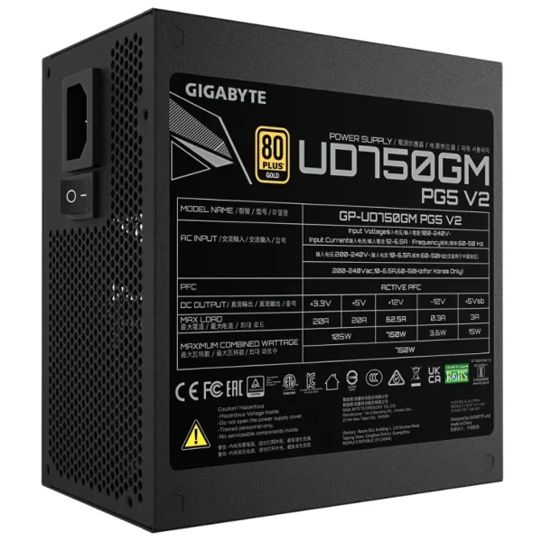 Fuente de alimentación modular Gigabyte UD750GM PG5 V2 750W 80 PLUS Gold, Preparada para PCIe 5.1