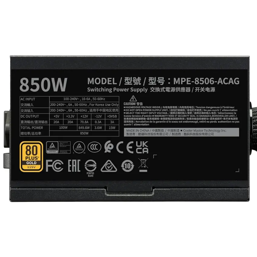 Fuente de alimentación Cooler Master MWE Gold 850 V3, 850W 80 PLUS Gold Fuente de alimentación Cooler Master MWE Gold 850 V3, 850W 80 PLUS Gold