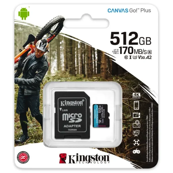 Tarjeta de Memoria microSDXC Kingston Canvas Go! Plus 512GB, UHS-I, U3, V30, A2, Clase 10, Adaptador