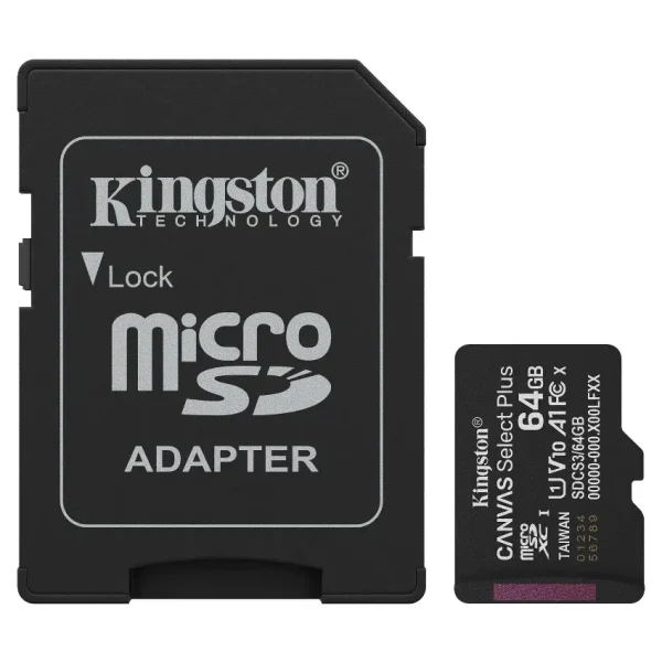 Tarjeta de Memoria microSDXC Kingston Canvas Select Plus 64GB, UHS-I, U1, V10, A1, Clase 10, Adaptador