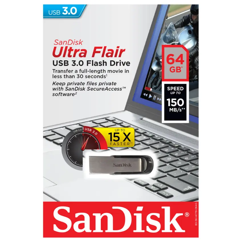 Pendrive SanDisk Ultra Flair, 64GB, USB 3.0, Negro/Plateado
