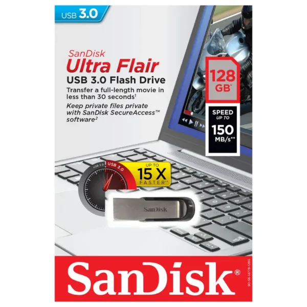 Pendrive SanDisk Ultra Flair, 128GB, USB 3.0, Negro/Plateado