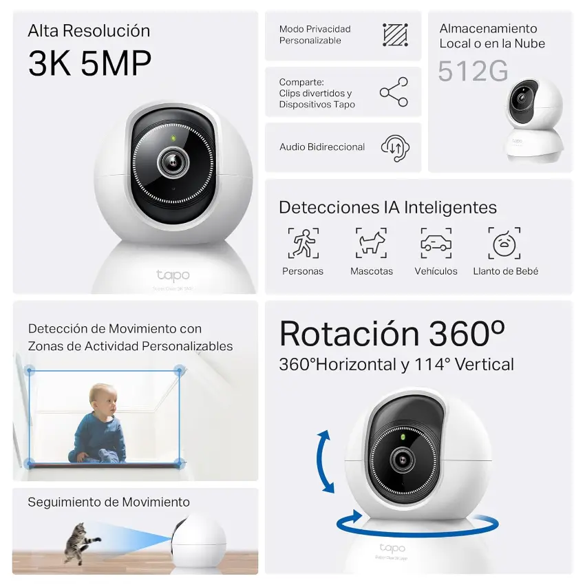 Cámara de Seguridad Wi-Fi TP-Link Tapo C230, 3K, 5 MP, Pan / Tilt, Visión nocturna, Interior