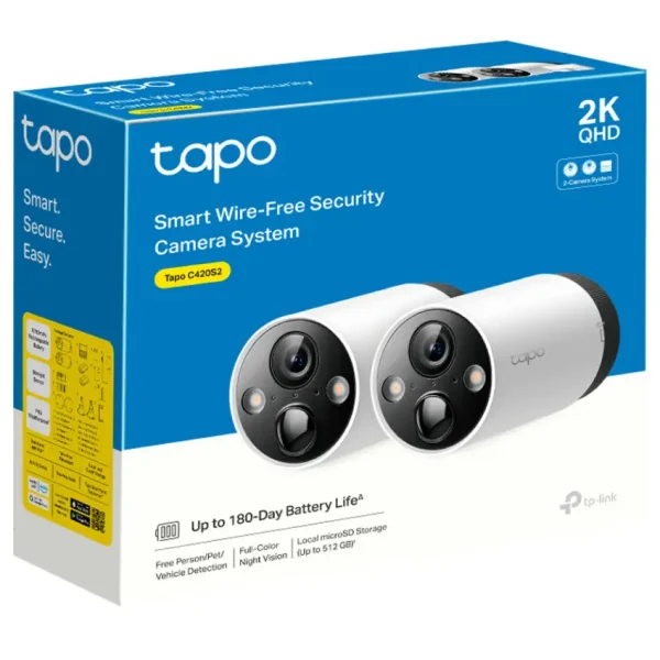 Kit de Cámaras de Seguridad Wi-Fi TP-Link Tapo C420S2, 2K QHD, 4 MP, Visión nocturna color, Alimentada por batería, Exterior