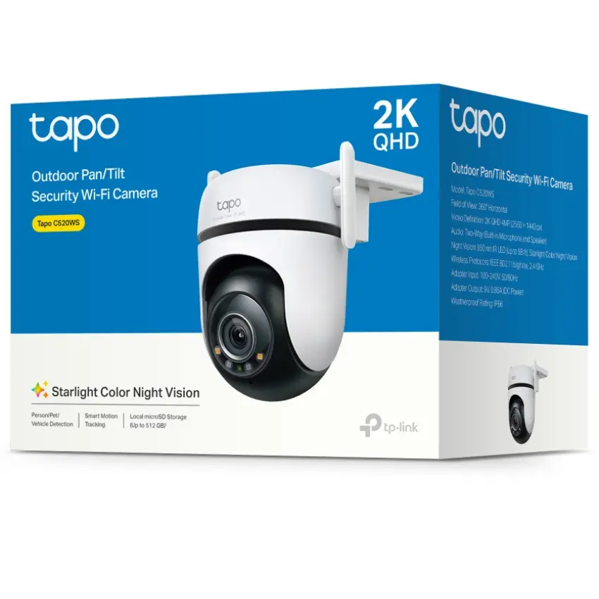 Cámara de Seguridad Wi-Fi TP-Link Tapo C520WS, 2K, 4 MP, Pan / Tilt, Visión nocturna, Exterior