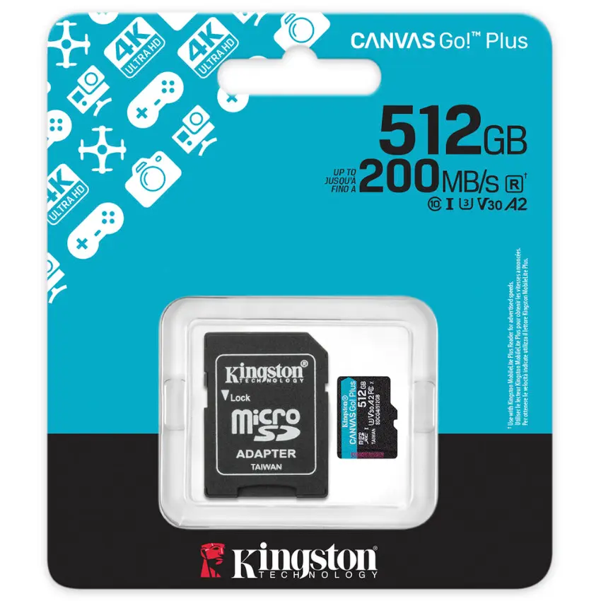 Tarjeta de Memoria microSDXC Kingston Canvas Go! Plus 512GB, UHS-I, U3, V30, A2, Clase 10, Adaptador Tarjeta de Memoria microSDXC Kingston Canvas Go! Plus 512GB, UHS-I, U3, V30, A2, Clase 10, Adaptador