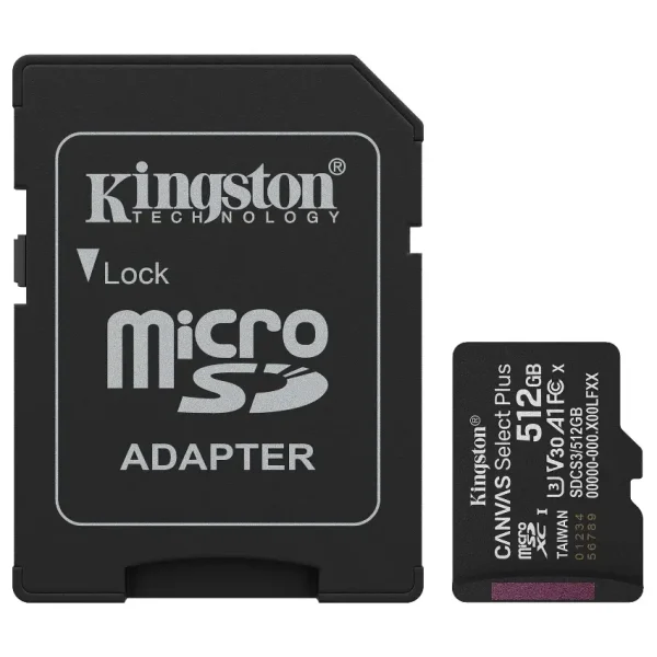 Tarjeta de Memoria microSDXC Kingston Canvas Select Plus 512GB, UHS-I, U3, V30, A1, Clase 10, Adaptador