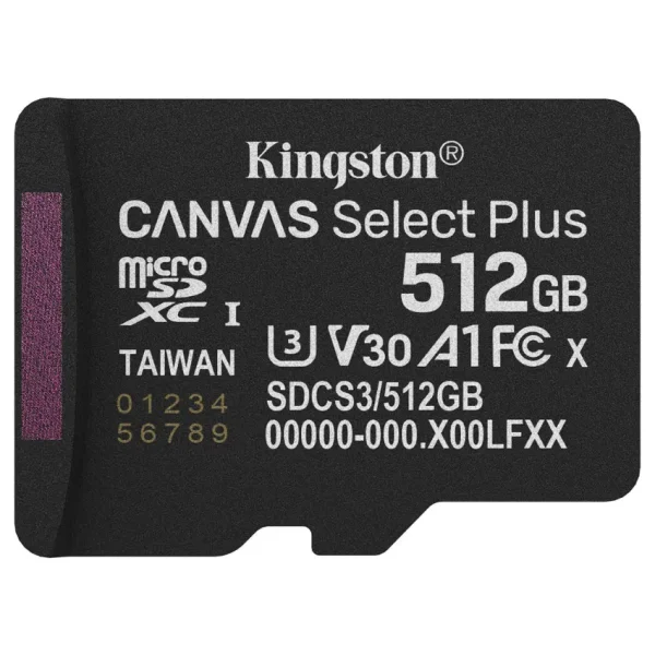 Tarjeta de Memoria microSDXC Kingston Canvas Select Plus 512GB, UHS-I, U3, V30, A1, Clase 10, Adaptador
