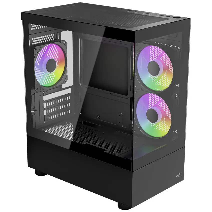 Gabinete Aerocool Viewport Mini V2, Micro-ATX, Sin Fuente, Vidrio Templado Frontal y Lateral, 3 Fan 12 cm ARGB, Negro