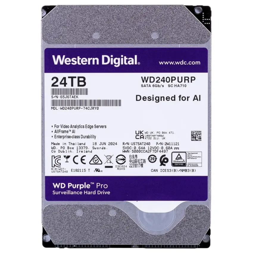Disco Interno Western Digital Purple Pro 24TB SATA3 7200rpm 512MB Cache 3.5" Disco Interno Western Digital Purple Pro 24TB SATA3 7200rpm 512MB Cache 3.5"