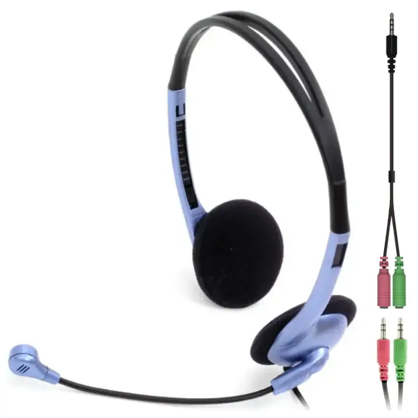 Auriculares Genius HS-02B, Doble Mini Plug 3.5mm, Incluye Cable Adaptador de Audio Combinado de 3.5 mm, Azul